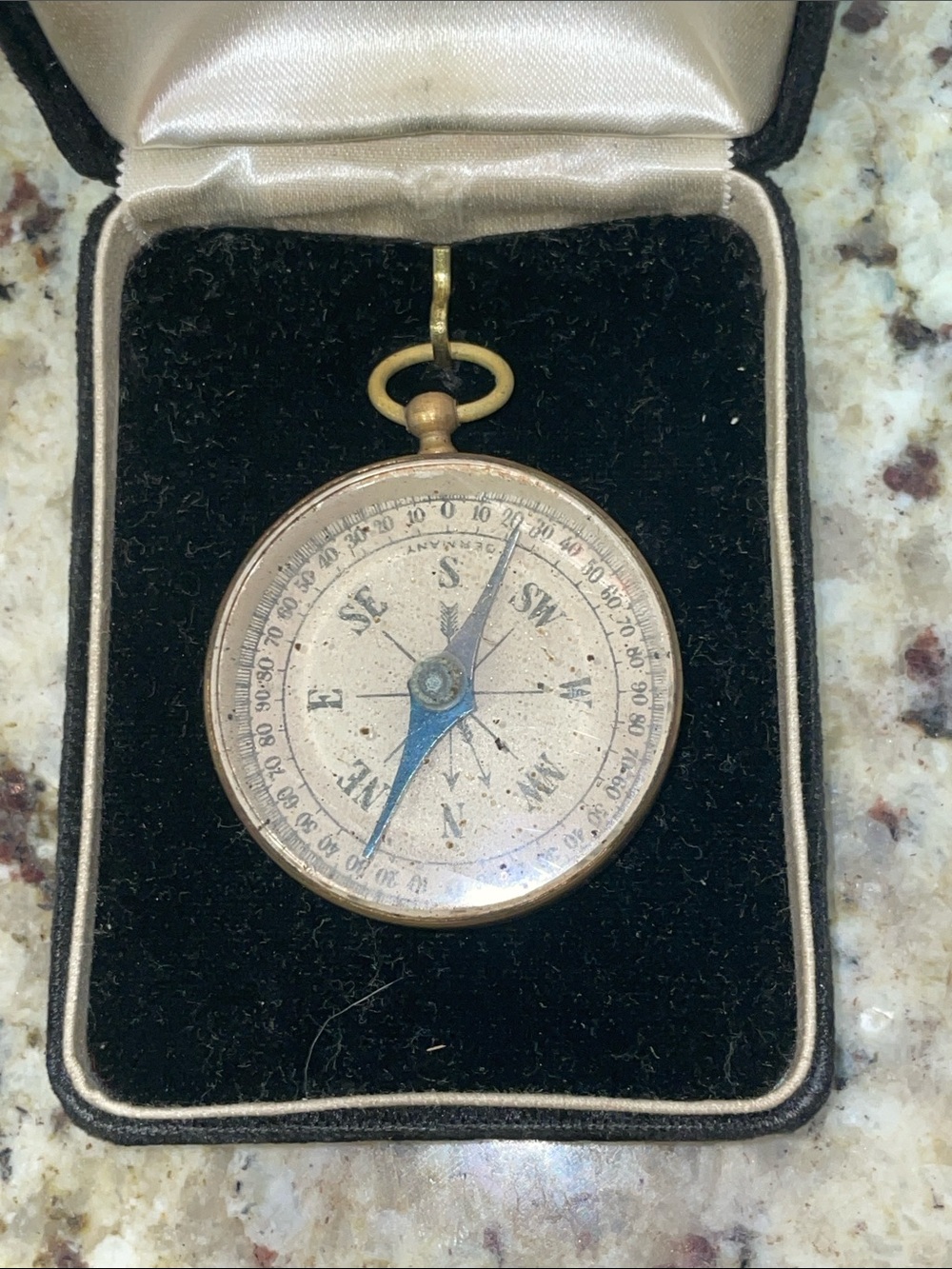 Vintage WW1 Brass Pocket Compass Pendant with Blue Needle